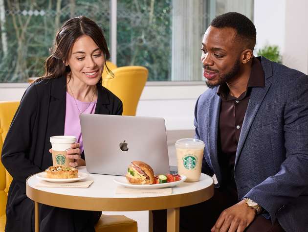 兩個人坐在筆記型電腦前，桌上擺著 We Proudly Serve Starbucks 星巴克咖啡服務咖啡和三明治