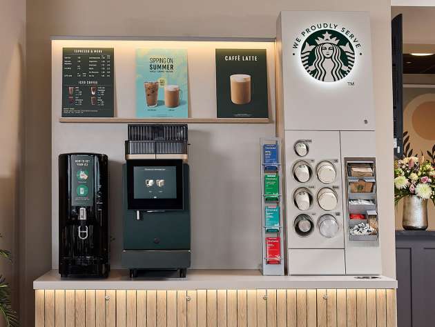 We Proudly Serve Starbucks 星巴克咖啡服務自助咖啡站