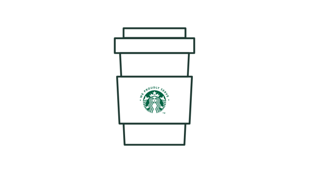 帶有 We Proudly Serve Starbucks® 星巴克咖啡服務標誌的外帶咖啡杯線條插圖