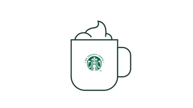 一杯印有 We Proudly Serve Starbucks 星巴克咖啡服務字樣且上面擠滿奶油的咖啡杯的線條插圖