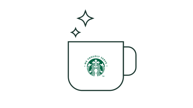 帶有閃光效果的 We Proudly Serve Starbucks 星巴克咖啡服務咖啡杯的線條插圖