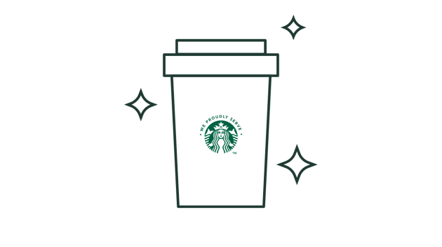 印有 We Proudly Serve Starbucks 星巴克咖啡服務標誌且周圍閃閃發光的外帶咖啡杯線條插圖