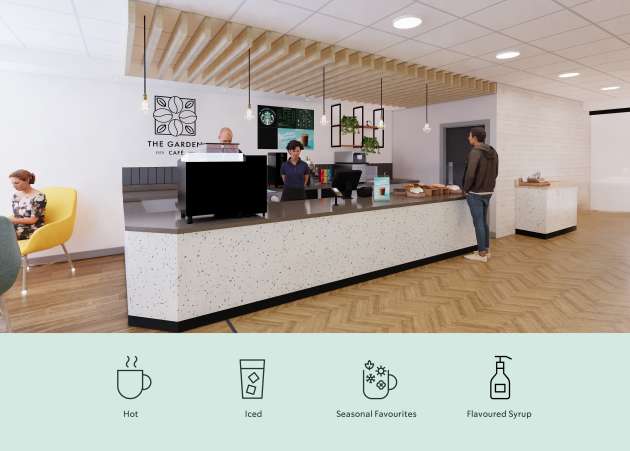 一位男士站在提供冷熱飲品、季節限定飲品等的 We Proudly Serve Starbucks 星巴克咖啡服務櫃檯前