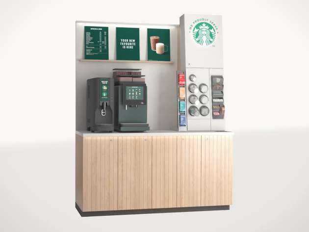 We Proudly Serve Starbucks 星巴克咖啡服務自助式方案 (高杯量)：自助咖啡機、自助製冰機和櫃檯