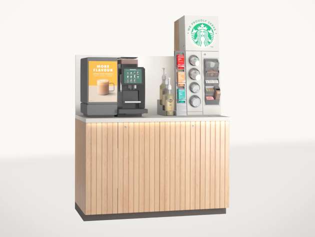 We Proudly Serve Starbucks 星巴克咖啡服務自助式方案 (小杯)：自助咖啡機和櫃檯